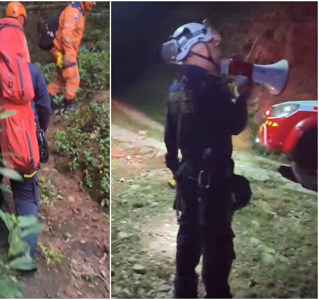 Socorristas del Cuerpo de Bomberos de La Estrella en las labores de búsqueda del estudiante de la Universidad de Antioquia. FOTOS: Cortesía Bomberos La Estrella
