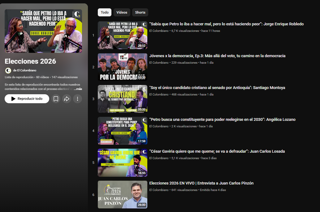 Playlist en YouTube de entrevistas de EL COLOMBIANO a candidatos al Senado, la Cámara y las diferentes consultas internas, previo a las Elecciones 2026. Foto: captura de pantalla YouTube