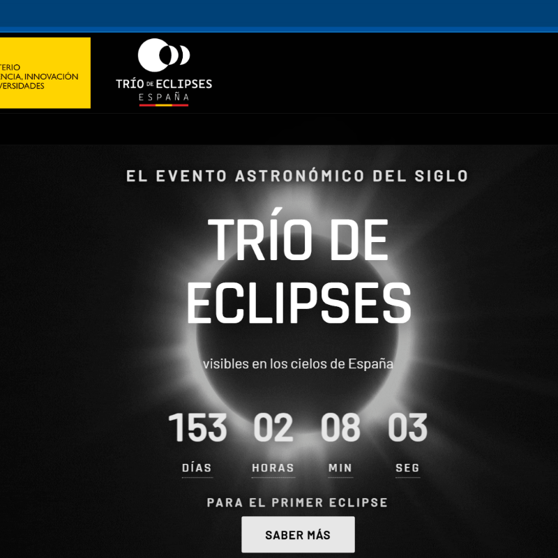 Así luce la página del trío de eclipses de Sol que se verán en España entre 2026y 2028. Solo uno de ellos se verá en Colombia. FOTO Captura de pantalla.