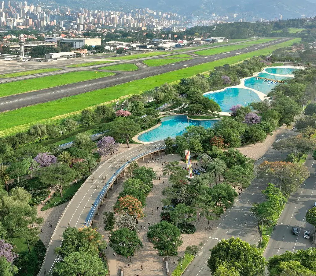 Representación computarizada del futuro Gran Parque Medellín, que tendrá circuitos de trote, piscinas olímpicas, senderos y un renovado espacio público. FOTO Cortesía Alcaldía de Medellín