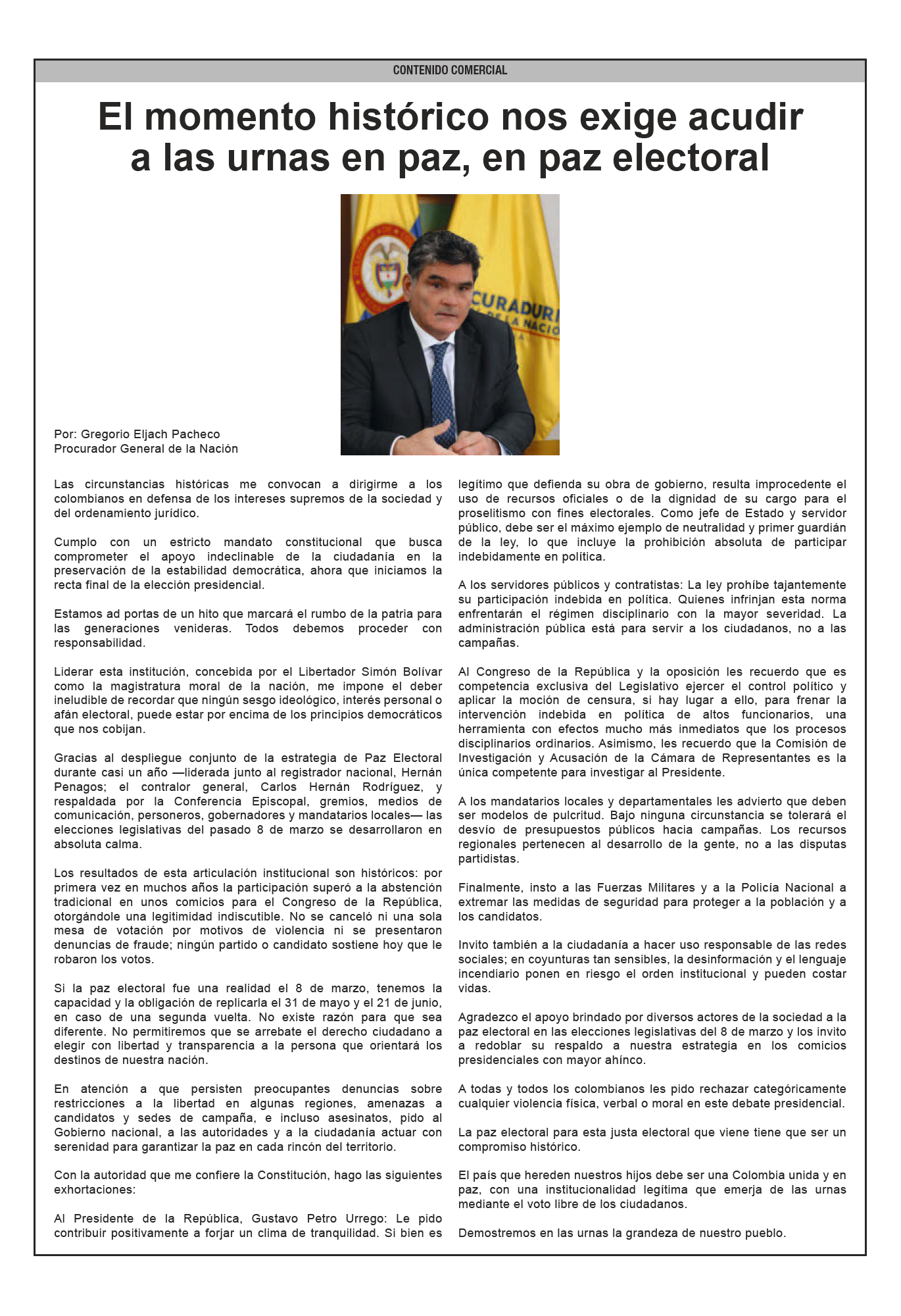 La Procuraduría General de la Nación invita a acudir a las urnas