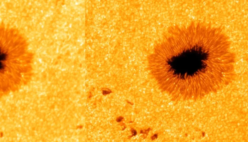 Izquierda: Extracto de una imagen del Sol, tomada con el Telescopio de Torre de Vacío de Tenerife. Derecha: Imagen de alta resolución restaurada a partir de 100 exposiciones individuales capturadas con el nuevo sistema de cámara avanzado. FOTO cortesía R. Kamlah