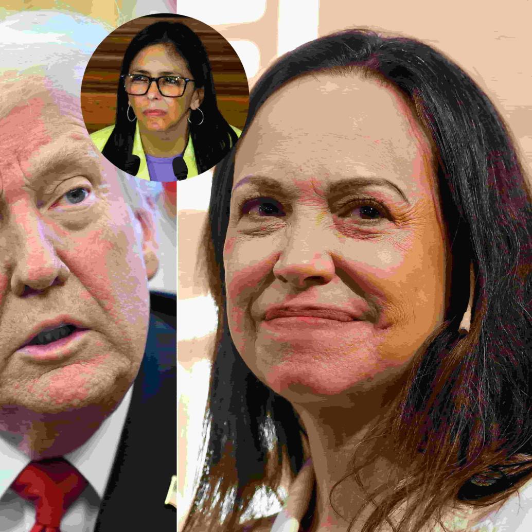 Donald Trump, presidente de EE. UU. junto a la líder opositora venezolana María Corina Machado y la presidenta interina Delcy Rodríguez. Fotos: AFP