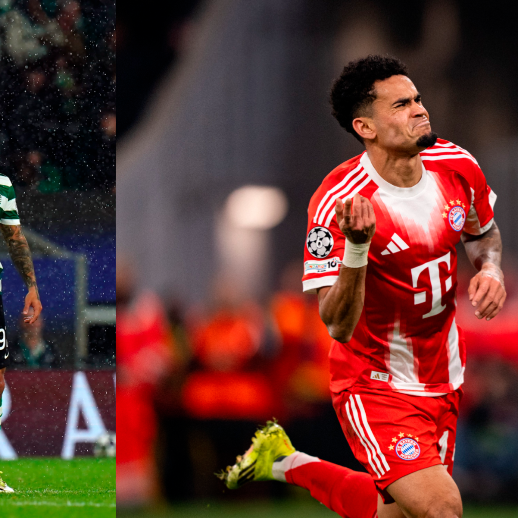 Luis Suárez y Luis Díaz en el festejo de sus goles de octavos de Champions. FOTO:<b> GETTY y X BAYERN MUNICH</b>