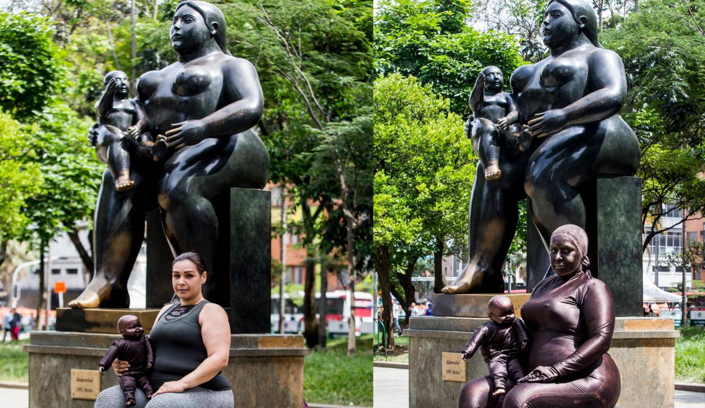 Mireya Terán quién emigró hace cinco años por la crisis de Venezuela, encontró en el arte la manera de sobrevivir en Medellín. Diseño un traje especial y ahora representa las esculturas de Botero, en esta imagen es la Maternidad. Foto: Julio César Herrera.