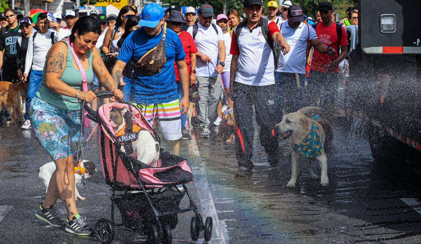 Los perritos recibieron una lluvia proveniente de carrotanques para refrescarse debido al intenso calor que se registró durante el desfile. Foto: Manuel Saldarriaga Quintero