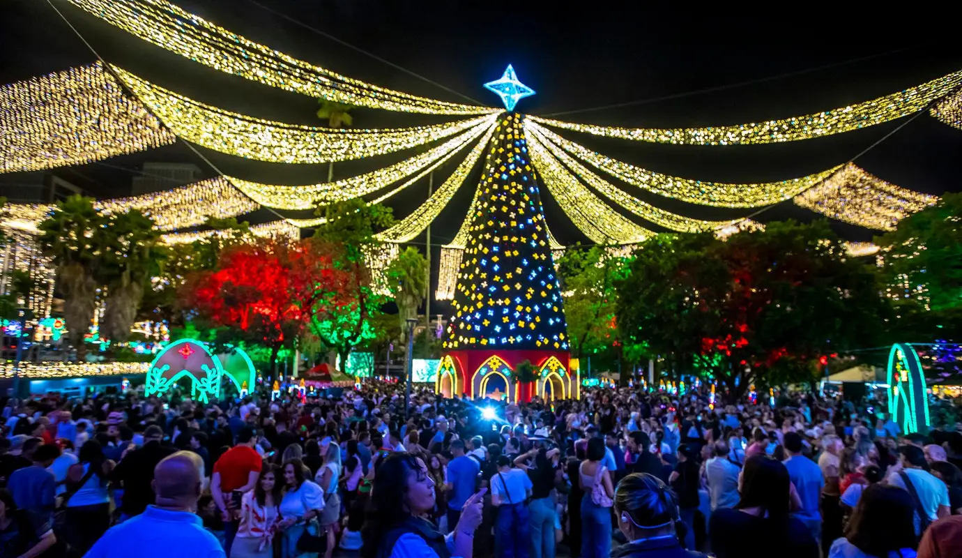 Al ser los primeros en iluminarse, Envigado atrae a visitantes que buscan anticipar la alegría navideña, lo que se traduce en un aumento en las actividades comerciales y el sector de servicios. Foto: Juan Antonio Sánchez