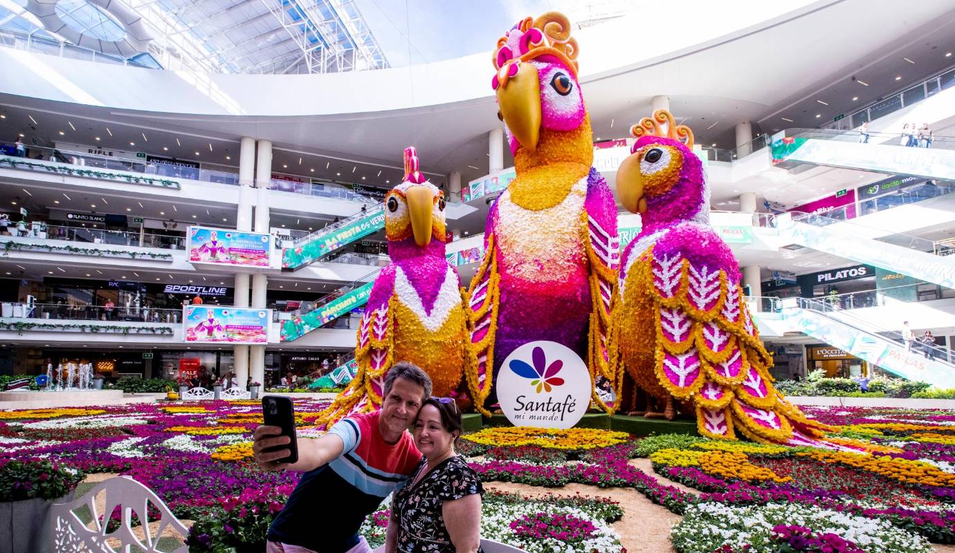 El tapete está conformado por 25.000 plantas, que suman más de 200.000 flores y ocupan un área 800 metros cuadrados. Son flores cultivadas en el Oriente antioqueño, que para su cuidado son regadas todos los días y reciben luz natural, gracias al techo corredizo del centro comercial. Foto: Jaime Pérez