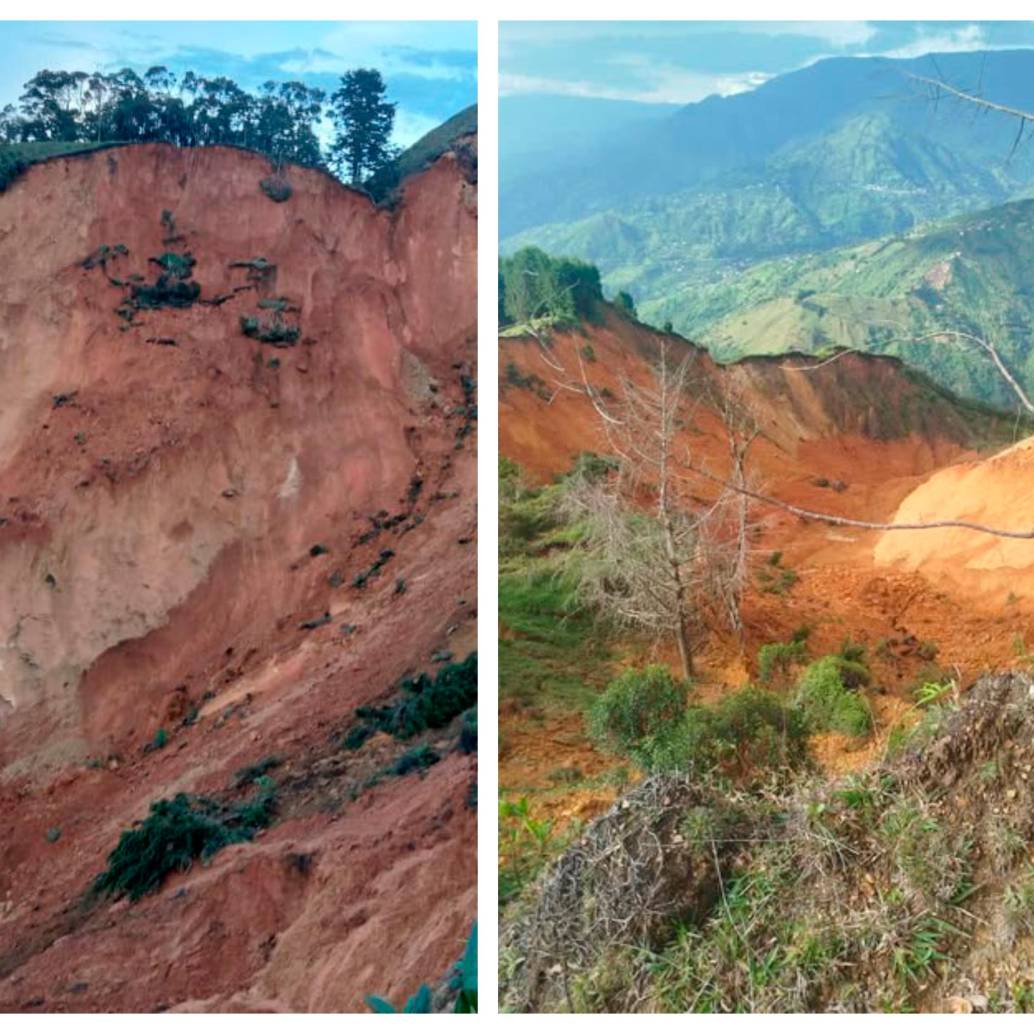 El desprendimiento de tierra de grandes proporciones estaría amenazando con represar la quebrada La Sucia. FOTOS: Cortesía Alcaldía de Ebéjico