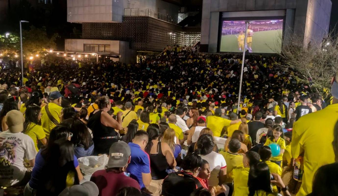 Los hinchas alientan a La tricolor que tiene la oportunidad de conseguir su segundo trofeo continental y cumplirle la ilusión a millones de colombianos. (Plazoleta MAMM, Medellin). Foto: Julio Herrera