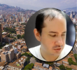 Adelante, imagen de Juan David Cruz Larrarte, acusado de estafa inmobiliaria en masa. Atrás, panorámica del Valle de Aburrá. Fotos: EL COLOMBIANO y cortesía.