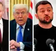De izquierda a derecha, los presidentes de Rusia, Estados Unidos y Ucrania: Vladimir Putin, Donald Trump y Volodimir Zelenski. FOTO: ARCHIVO.