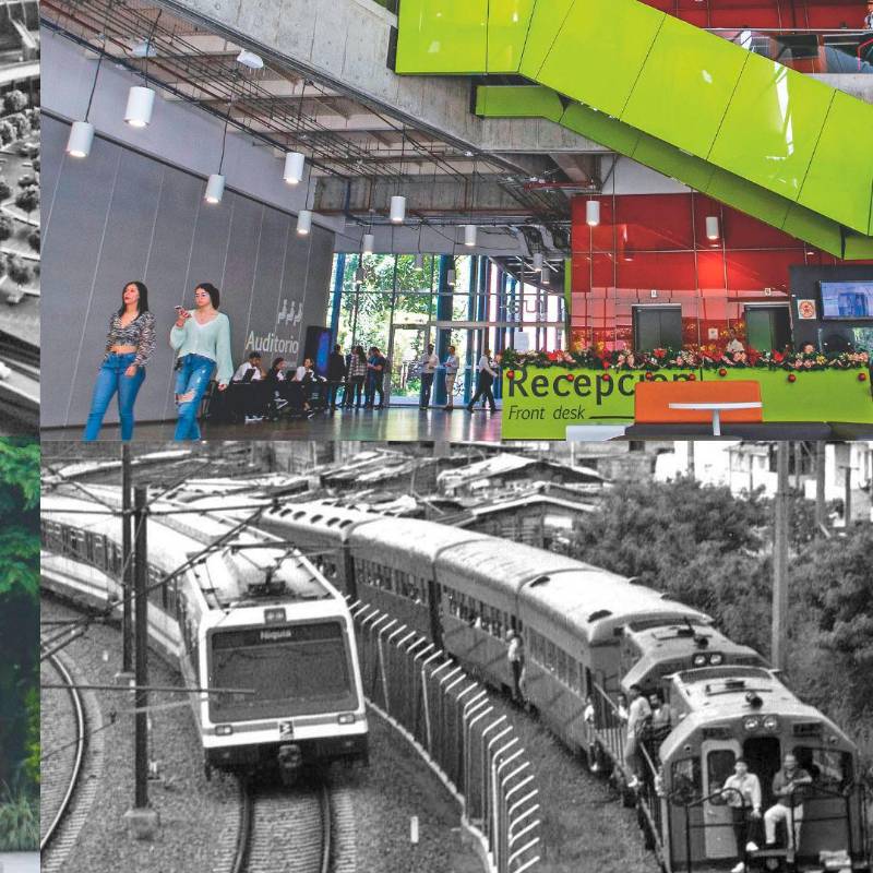 Algunas obras impulsadas por Proantioquia. Arriba, de izq. a der.: maqueta del aeropuerto José María Córdova (foto: Jorge Zuleta Zea); Ruta N (foto: Julio César Herrera); Parque Explora (foto: Hernán Vanegas); Metro de Medellín (foto: Manuel Saldarriaga). 