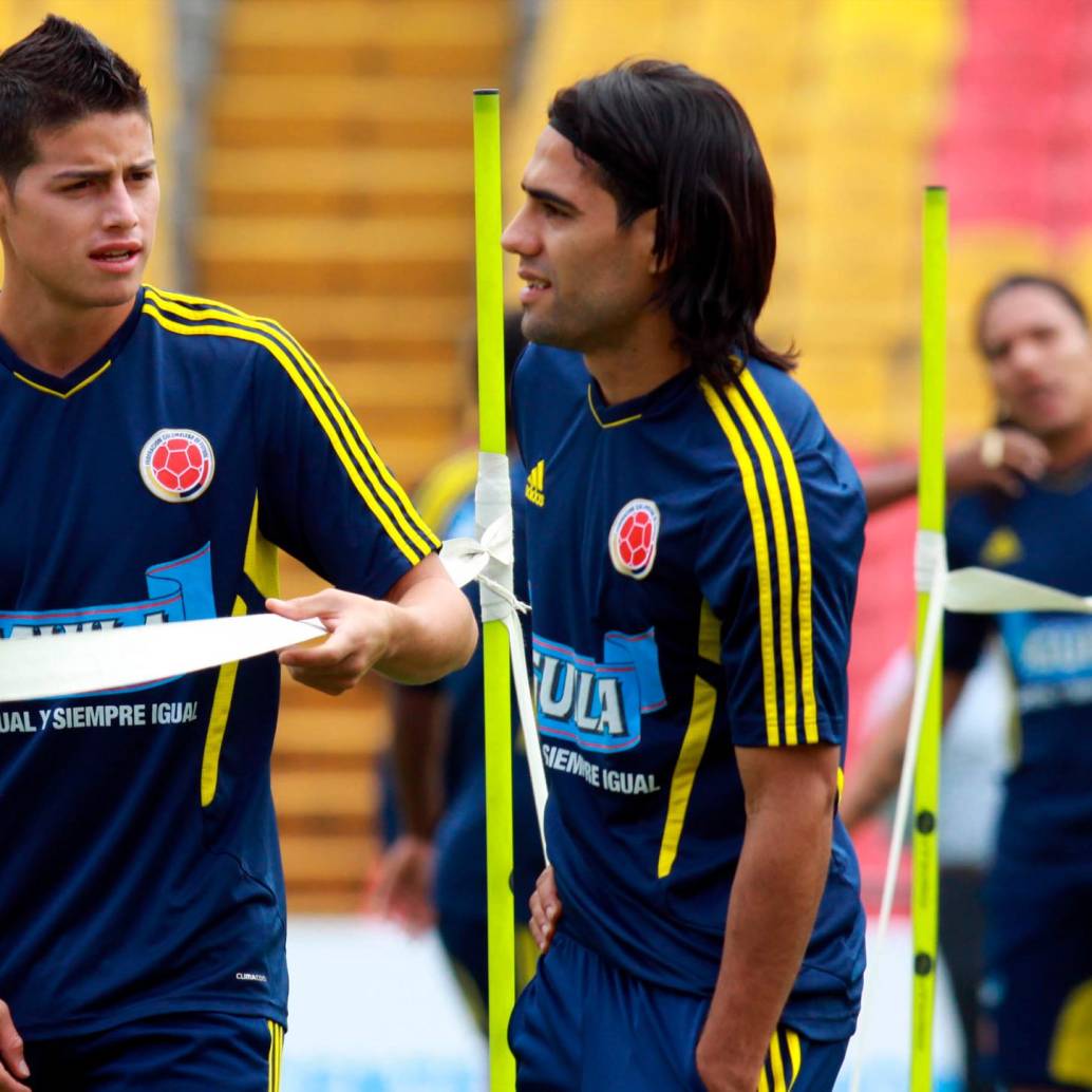James Rodríguez y Radamel Falcao en un entrenamiento de Eliminatorias para el Mundial de Brasil 2014. FOTO Colprensa