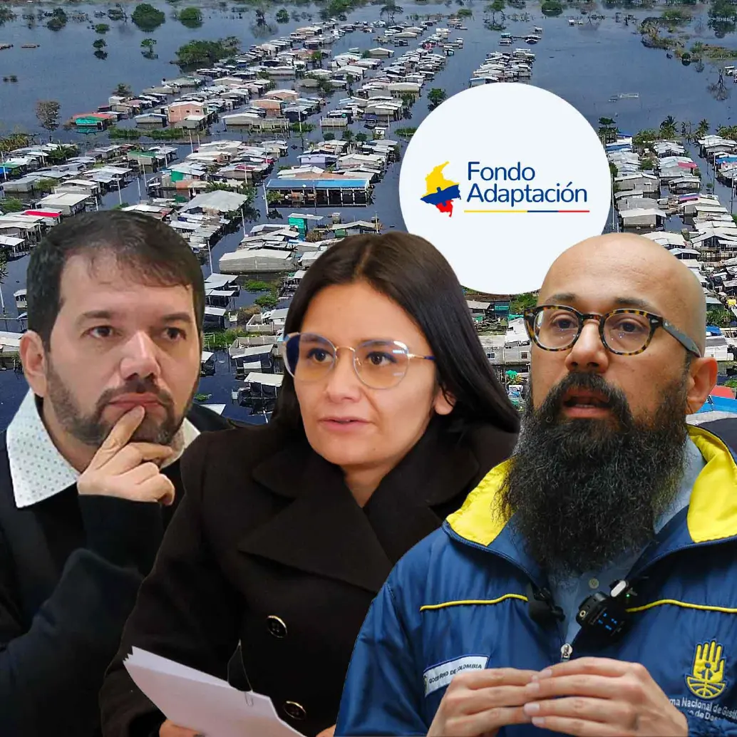 Senador Julio Elías Chagui; gerente del Fondo de Adaptación, Angie Rodríguez; director de la UNGRD, Carlos Carrillo y subgerente del Fondo, Jonattan Duque. FOTO Colprensa