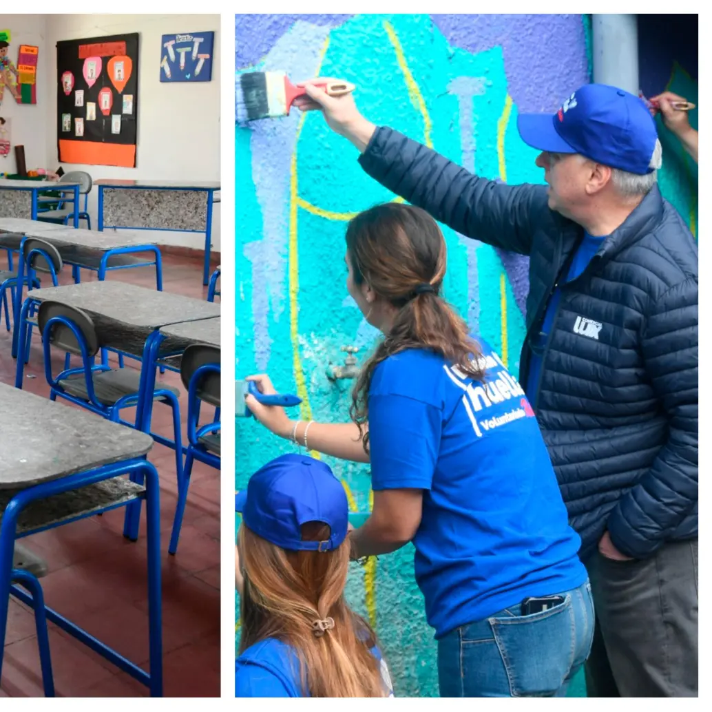 Fuera de la entrega del mobiliario, el voluntariado de Postobón pintó murales en los colegios. FOTOS: ALCALDÍA
