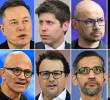 De arriba a la izquierda, en el sentido de las agujas del reloj: CEO de Tesla y X, Elon Musk; CEO de OpenAI, Sam Altman; cofundador y presidente de DeepMind, Demis Hassabis; CEO de Meta, Mark Zuckerberg; CEO de Microsoft, Satya Nadella; CEO de Anthropic, Dario Amodei; CEO de Google, Sundar Pichai; CEO de Nvidia, Jensen Huang. Los principales ejecutivos de IA dicen que quieren frenar el ritmo vertiginoso del desarrollo de la inteligencia artificial, pero la competencia, la reticencia del gobierno estadounidense y los factores geopolíticos se interponen en el camino. Foto: AFP