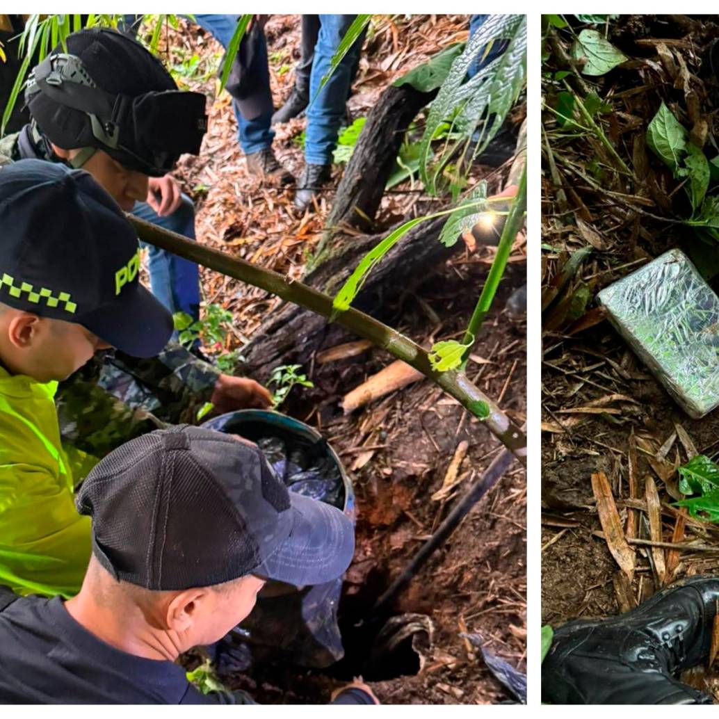 La droga fue hallada en un paraje boscoso, cerca del cauce de la quebrada Doña María, en límites del San Antonio de Prado e Itagüí. FOTOS: Policía