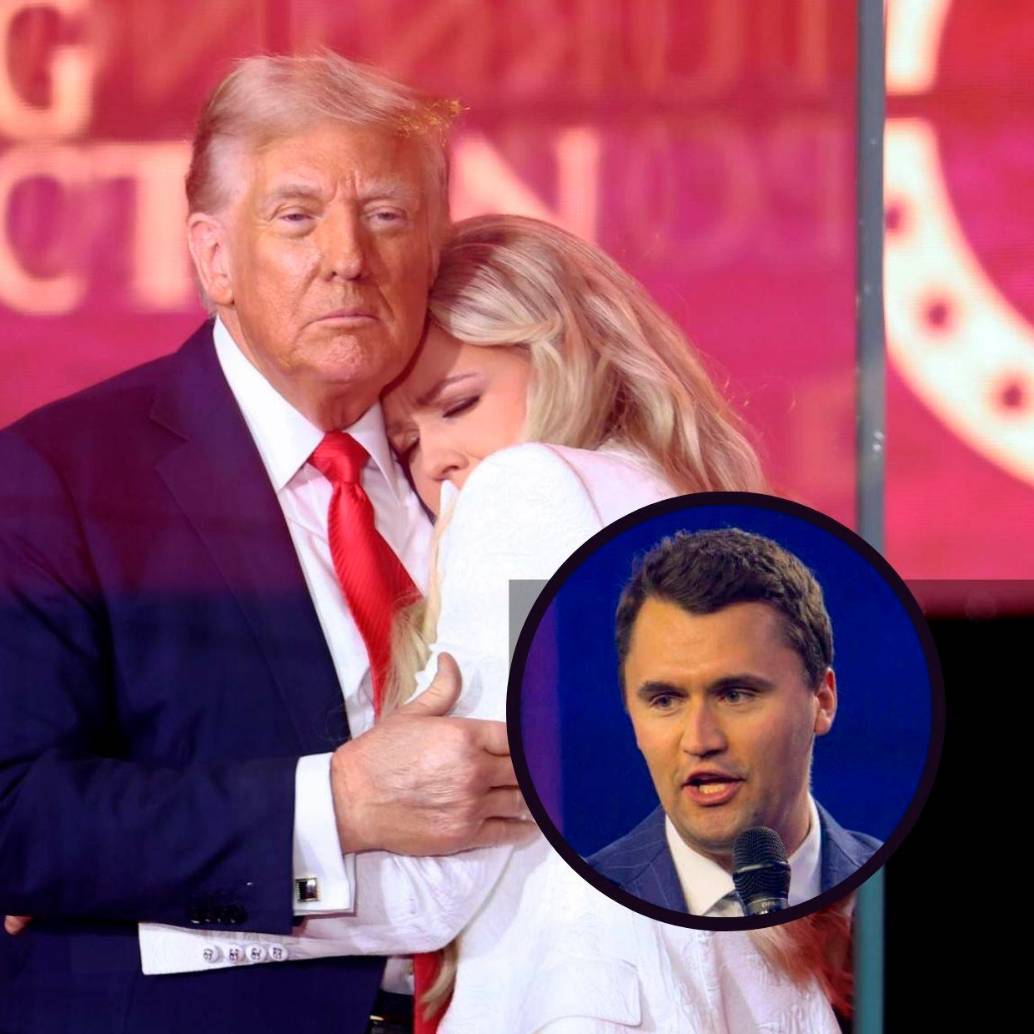 El presidente de Estados Unidos, Donald Trump, junto a la viuda del activista Erika Kirk en el homenaje al activista. FOTO AFP