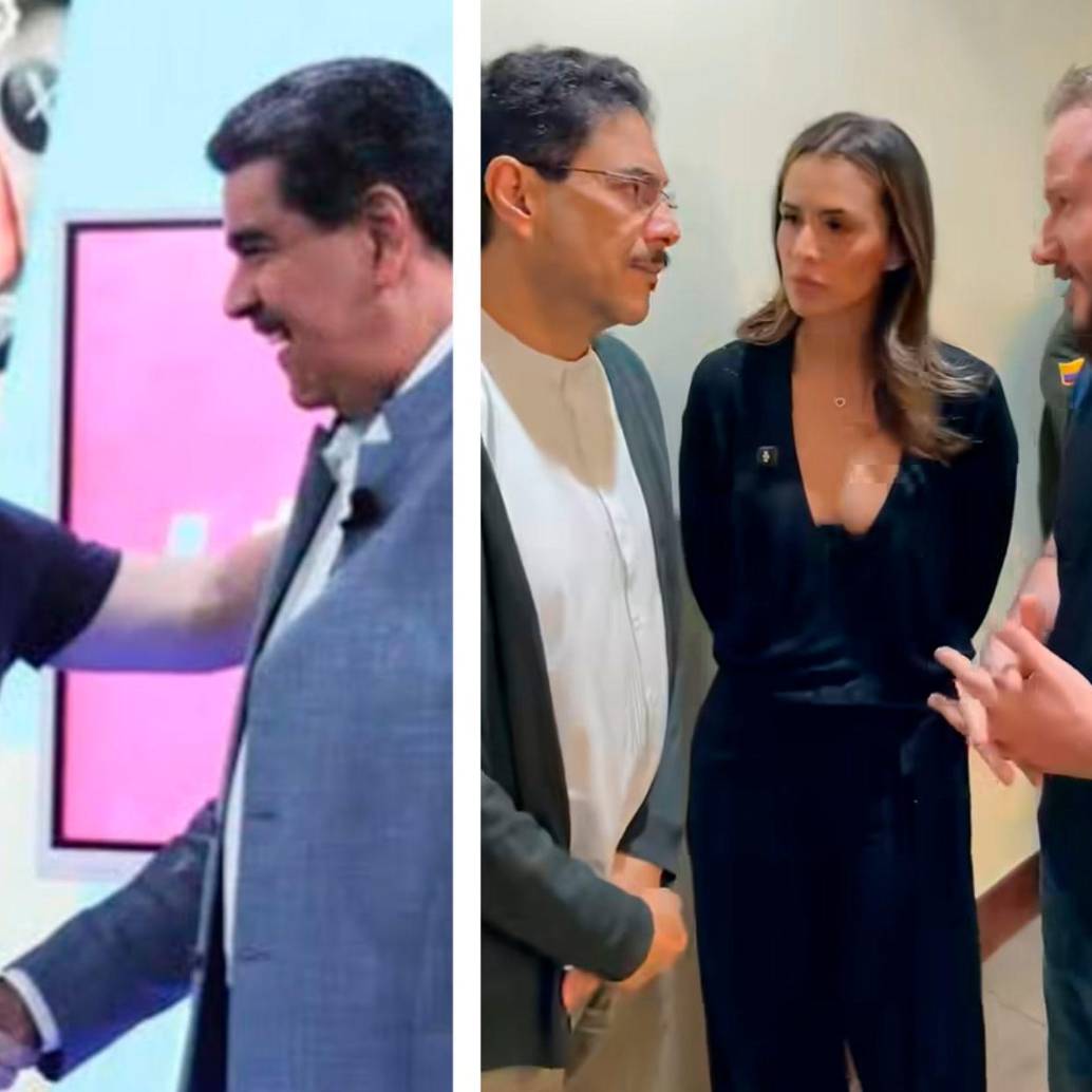 A la izquierda: el influenciador Diego Ruzzarin durante una entrevista que le hizo a Nicolás Maduro. A la derecha: el creador de contenido con Iván Cepeda y la congresista Mafe Carrascal. FOTO CAPTURA DE VIDEO