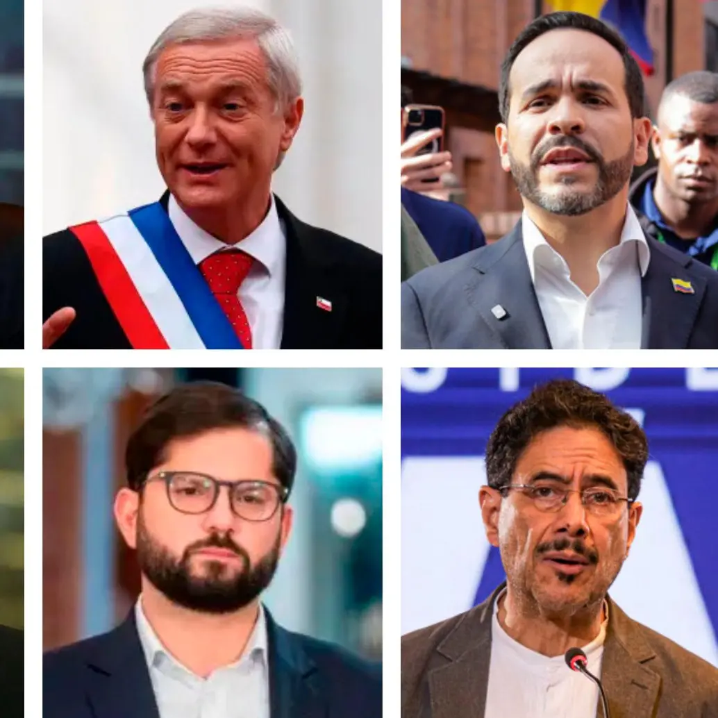 Arriba: los presidentes de Argentina, Javier Milei; de Chile, José Antonio Kast, y el candidato presidencial de Colombia, Abelardo de la Espriella. Abajo: los expresidentes de Argentina, Alberto Fernández; de Chile, Gabriel Boric, y el candidato Iván Cepeda. FOTO COLPRENSA Y AFP