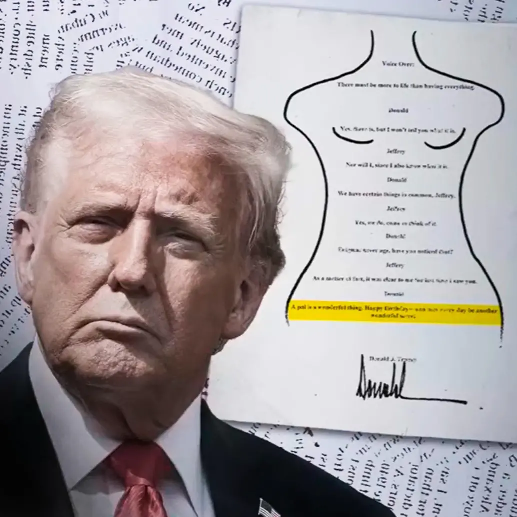 Página del álbum en la que se incluyen el mensaje de Trump a Epstein. FOTO: Captura de video y Getty