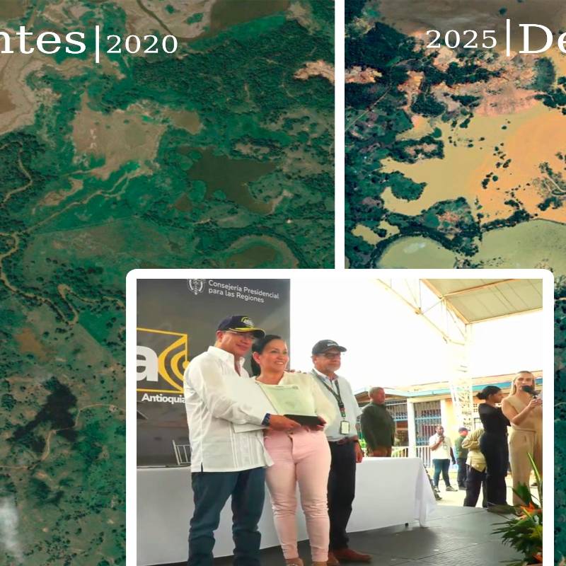 Antes y después del predio beneficiado por un título minero entregado por el presidente Gustavo Petro en 2024. FOTOS: Cortesía Google Earth y Presidencia