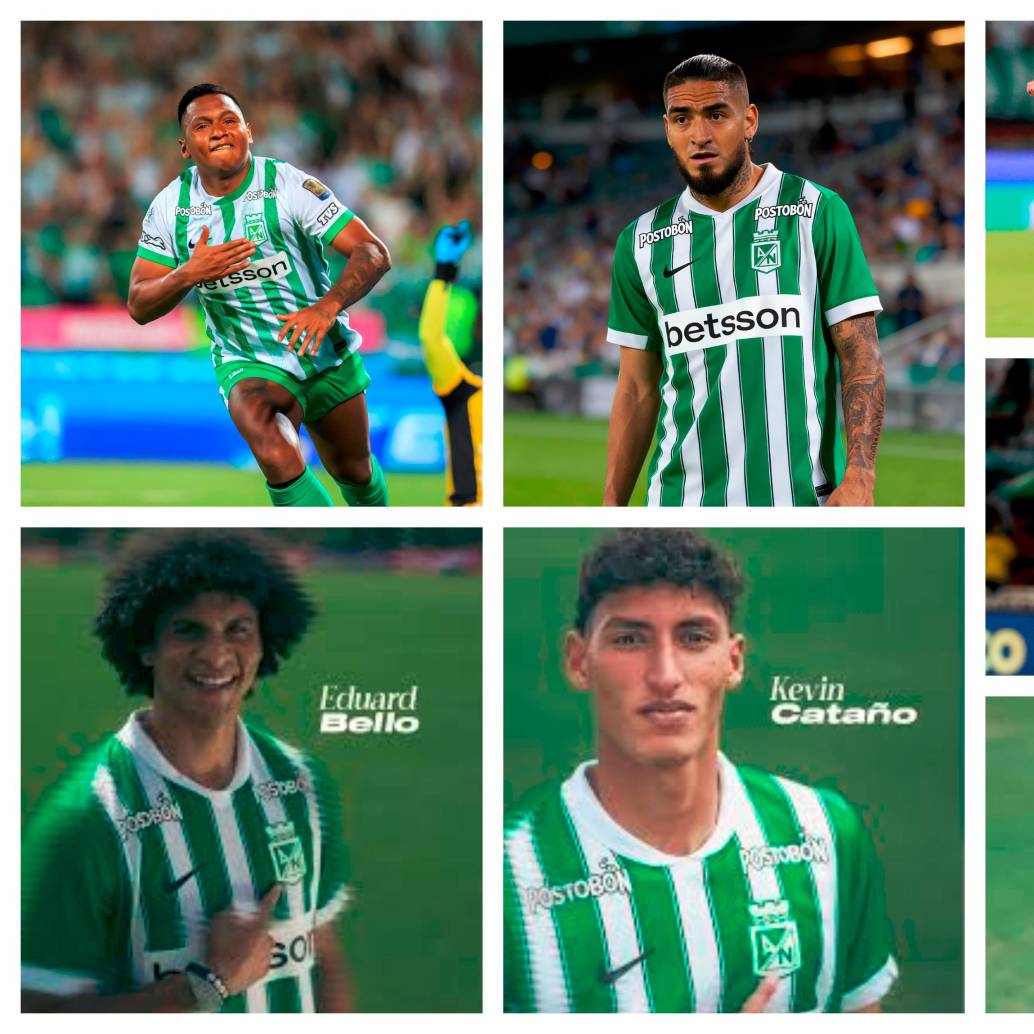 Alfredo Morelos, Chicho Arango, Milton Casco, Eduard Bello, Kevin Cataño, Samuel Velásquez y Nicolás Rodríguez, se espera que sean fichas clave para Nacional este año. FOTO NACIONAL Y EL COLOMBIANO