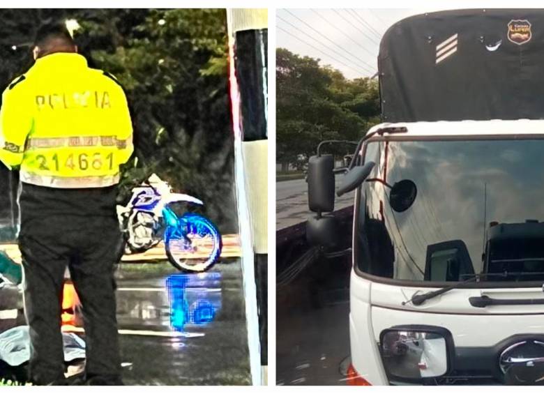 El camión blanco, según su conductor, no tuvo que ver con el accidente que le causó la muerte a un motociclista ayer en Medellín. FOTO: Cortesía Denuncias Antioquia. 
