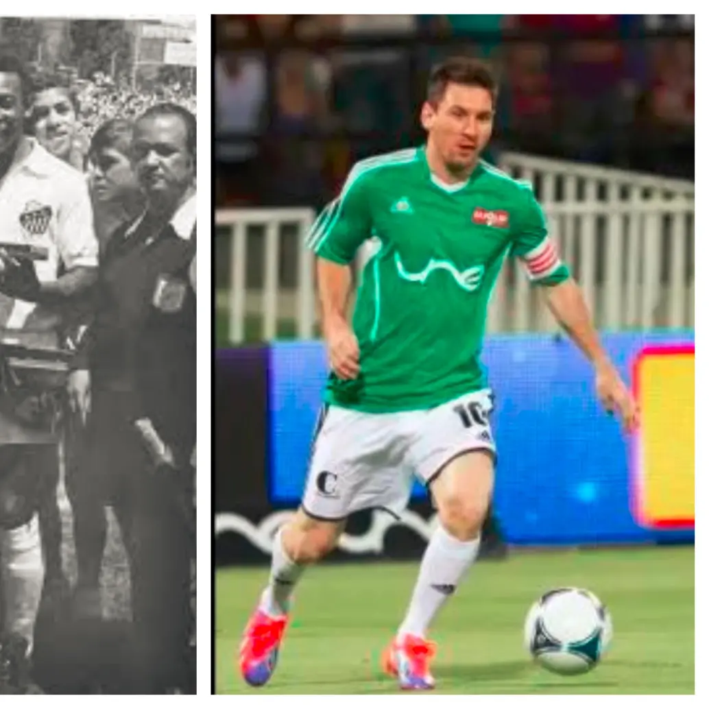 Imágenes de Pelé y Messi en el estadio Atanasio Girardot. FOTOS ARCHIVO EC