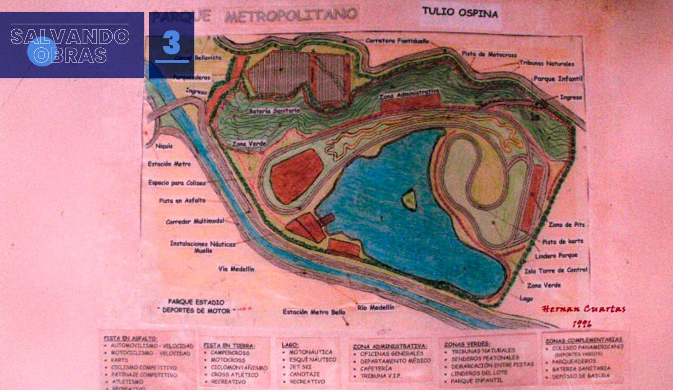La promesa de convertir el terreno de 97,6 hectáreas en un polideportivo se fue desdibujando con la destinación e invasión del predio para otros propósitos. Por esto, Hernán tomó las riendas de su recuperación, encontrando en este no solo un espacio, sino la oportunidad de convertirlo en un parque de deportes a motor y náutico. En el año 1996, entonces, diseñó y registró dicho proyecto. En la foto, uno de los primeros planos.