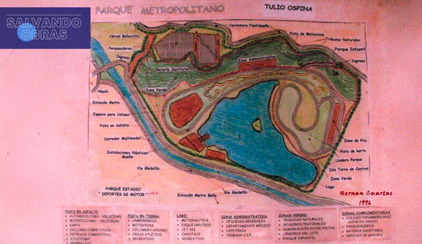 La promesa de convertir el terreno de 97,6 hectáreas en un polideportivo se fue desdibujando con la destinación e invasión del predio para otros propósitos. Por esto, el ciudadano Hernán Cuartas tomó las riendas de su recuperación, encontrando en este no solo un espacio, sino la oportunidad de convertirlo en un parque de deportes a motor y náutico. En el año 1996, entonces, diseñó y registró dicho proyecto en Bello, Medellín, el Área Metropolitana y Antioquia. En la foto, en uno de los primeros planos.