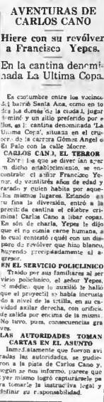 Recorte de prensa de EL COLOMBIANO del 14 de agosto de 1933 que daba cuenta de las andanzas de Carlos Cano. FOTO: Archivo CPI EL COLOMBIANO.