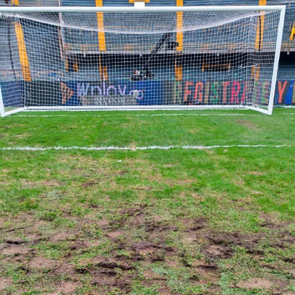 Así se ve hoy parte de la cancha del estadio El Campín luego del juego entre Millonarios y DIM que terminó el martes. FOTO @C8Benavides