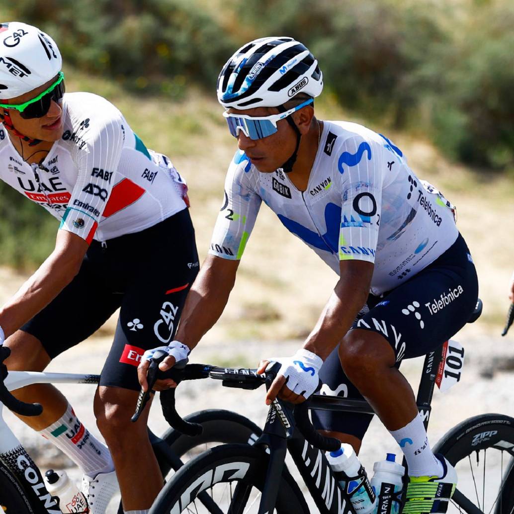 Nairo e Isaac del Toro, la nueva estrella del ciclismo mundial y con quien compite en los Emiratos. FOTO X-MOVISTAR