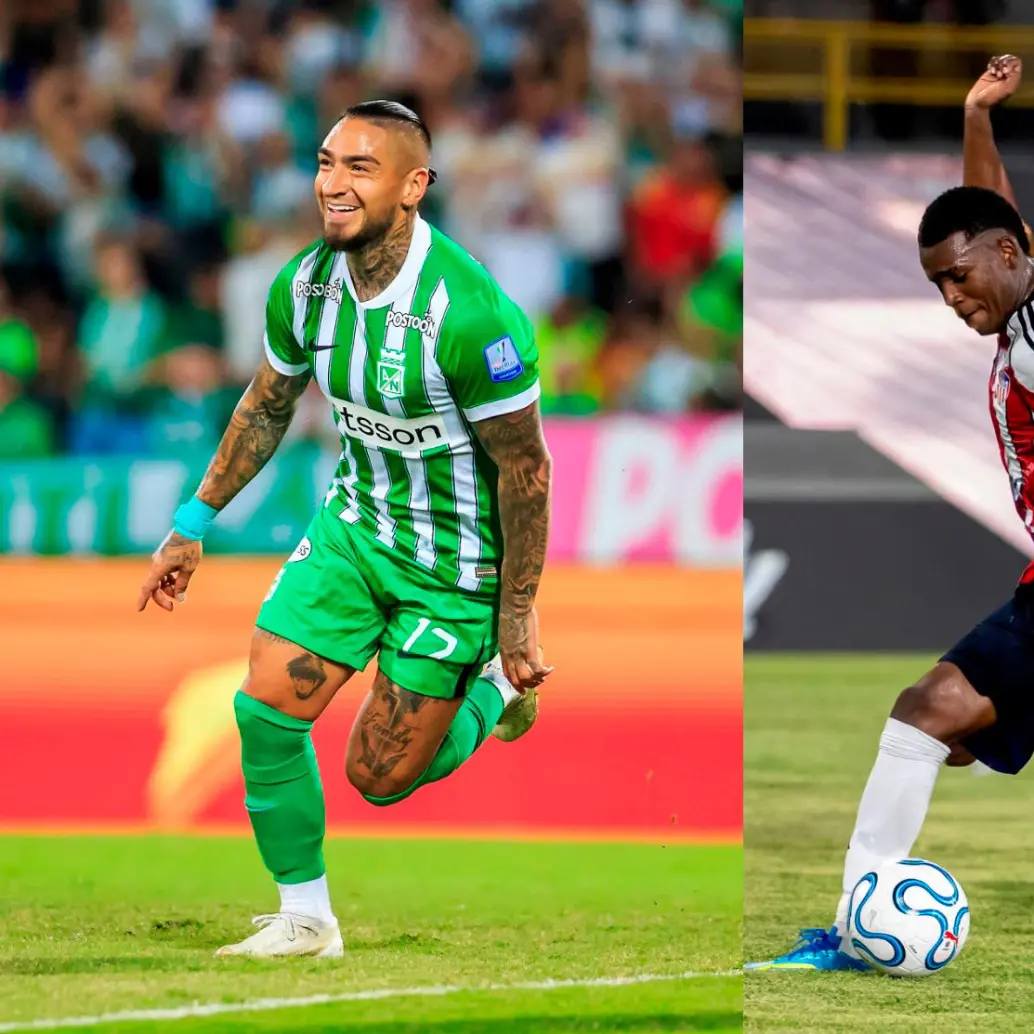 Cristian “Chicho” Arango, experimentado jugador de Nacional, y Joel Canchimbo, juvenil de exportación en Junior. FOTO JUAN ANTONIO SÁNCHEZ 