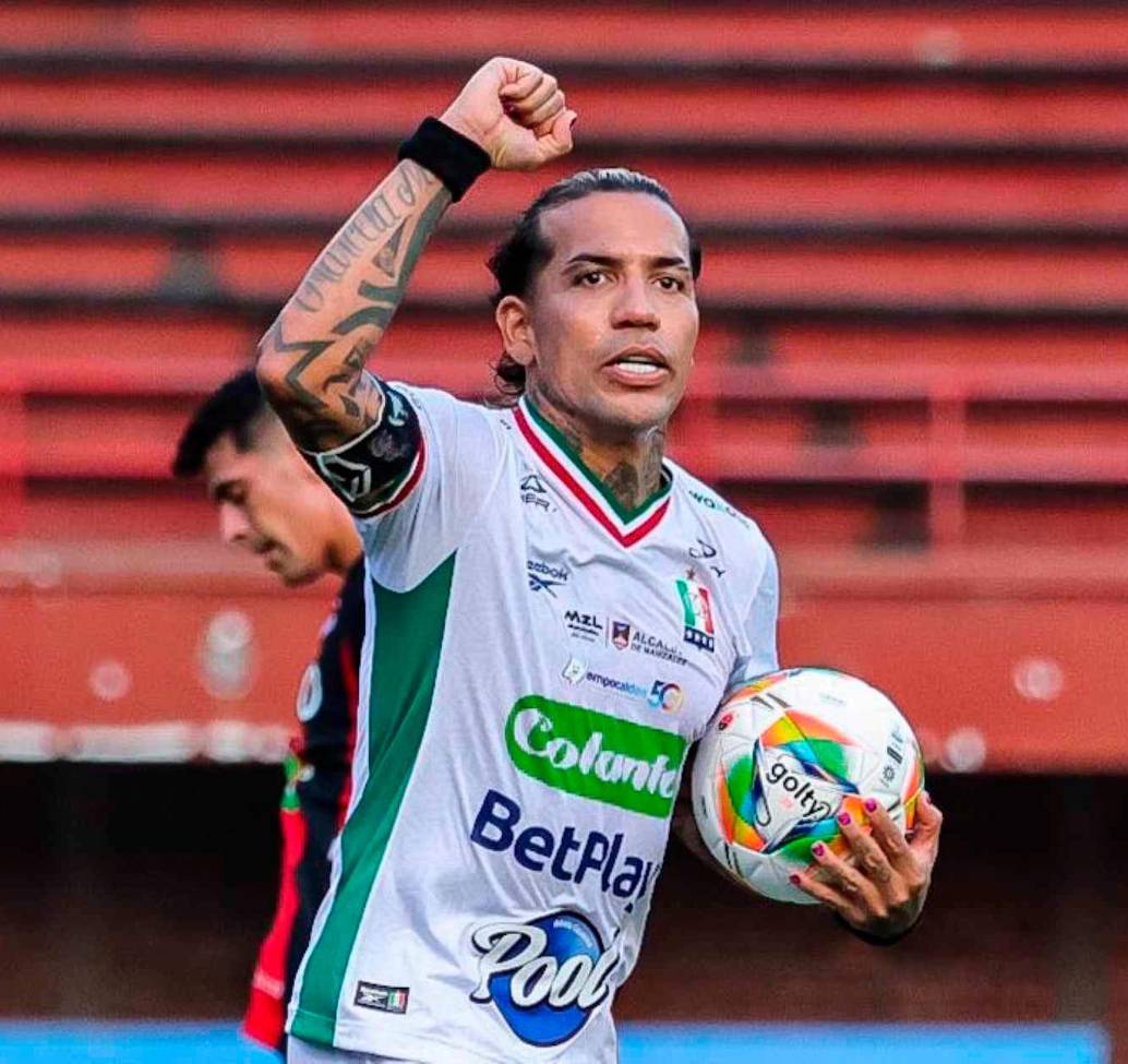 Dayro Moreno en una de sus celebraciones en 2026, en la victoria de Once Caldas como visitante ante Cúcuta. FOTO TOMADA X @oncecaldas