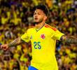 Luis Javier Suárez, delantero colombiano, luciendo la camiseta oficial de la Tricolor, que será la principal para los partidos en el Mundial de Norteamérica. FOTO CORTESÍA FCF