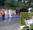Adelante, la espuma sobre la quebrada La Aguacatala. Atrás, el camión accidentado. FOTO: Cortesía