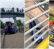 A plena luz del día y ante la mirada atónita de los peatones, el conductor de un Chevrolet Spark azul intentó atravesar un puente peatonal en Bogotá. FOTO: Captura de video de redes sociales @PasaenBogota