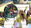 Tras estrenar en vivo el himno oficial del Mundial 2026, Shakira protagonizó un momento viral al quedarse bailando merengue en plena cancha. FOTO: AFP, redes sociales.