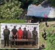 Adelante, los cuatro detenidos en el operativo. Atrás, el socavón en la vereda San Andrés. FOTO: Cortesía Policía Metropolitana.