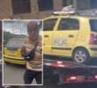 Adelante, imágenes del taxista amenazando a otra conductora. Atrás, el automotor inmovilizado en Envigado.