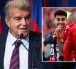 El presidente del Barcelona, Joan Laporta, y el futbolista colombiano Luis Díaz. FOTOS: Tomadas de X @FCBarcelona y @LFC