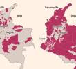 Mapa de la expansión de los grupos armados ilegales en Colombia y la producción de cocaína. FOTO: Tomada del <i>Financial Times. </i>
