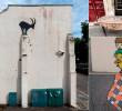 A la izquierda una de las obras de Banksy, a la derecha tres artistas callejeros que también son incognitos. FOTOS Instagram @banksy, @ouestled, @mr.bad.tiles y @ememem.flacking