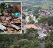 Adelante, una de las casas destruidas tras una explosión. Atrás, imagen de referencia del municipio de Tarazá. Foto: Fundación Julio C. Hernández e imagen tomada de las redes de NP Noticias.