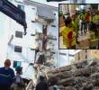 Atrás, uno de los edificios afectados por el terremoto en Cali. Adelante, sesión conjunta con funcionarios del AMVA. FOTO: Cortesía
