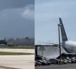 El avión de carga Boeing 767-300 terminó fuera de la pista y envuelto en llamas tras aterrizar en el Aeropuerto Internacional de Miami. El accidente provocó el despliegue de decenas de unidades de emergencia. FOTO: Redes sociales.