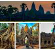 Arriba: Amanecer en Angkor Wat; el sol se levanta detrás de las icónicas cinco torres del templo. Abajo a la izquierda y a la derecha: El complejo de templos de Ta Prohm, ubicado en el parque arqueológico de Angkor. Abajo en el centro: Puerta Sur de Angkor Thom, famosa por sus torres de caras. FOTOS JUAN DIEGO ORTIZ JIMÉNEZ